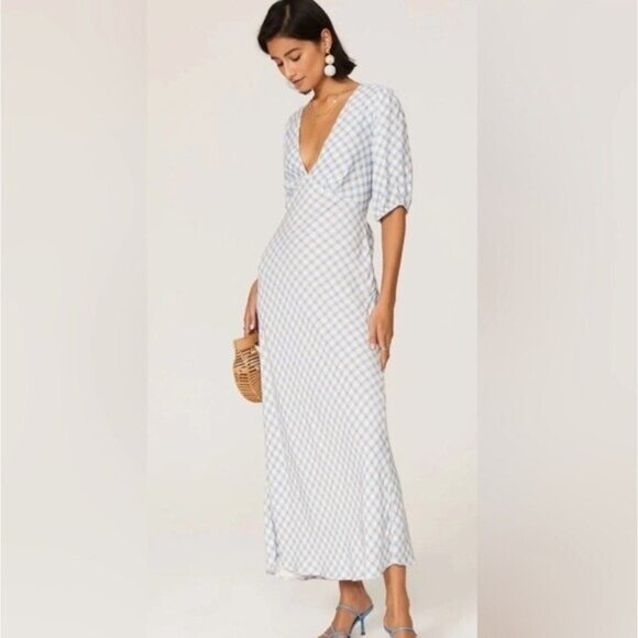 RIXO Steph Check Dress Open Tie Back Maxi Gingham Blue White Size Medium 8 - Picture 1 of 11